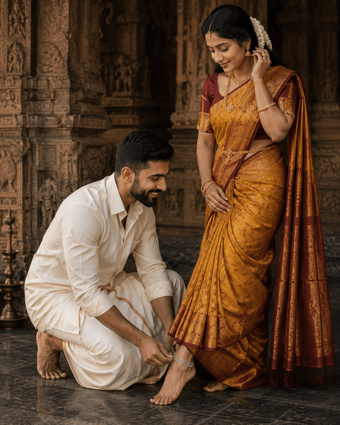Result generated from Cinematic South AsianTemple Romance Prompt | Traditional Saree Couple AI Photo Prompt