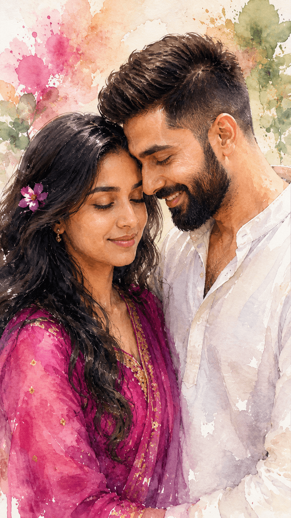 Result generated from Romantic Watercolor Couple Portrait Prompt | Dreamy AI Art Prompt for Midjourney & DALL·E