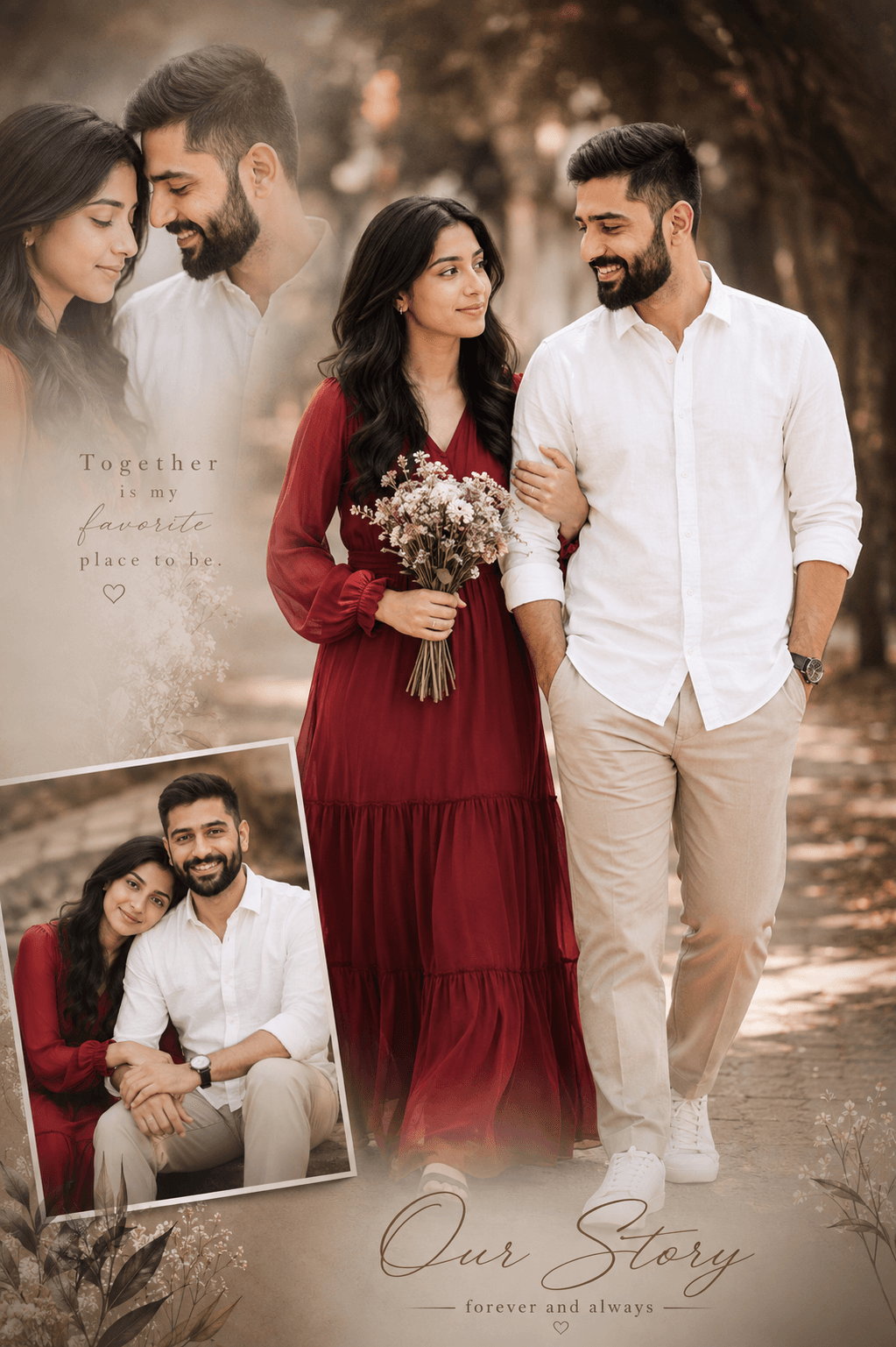 Result generated from Romantic Pre-Wedding Couple Photoshoot Collage Prompt | Custom AI Wedding Poster Template