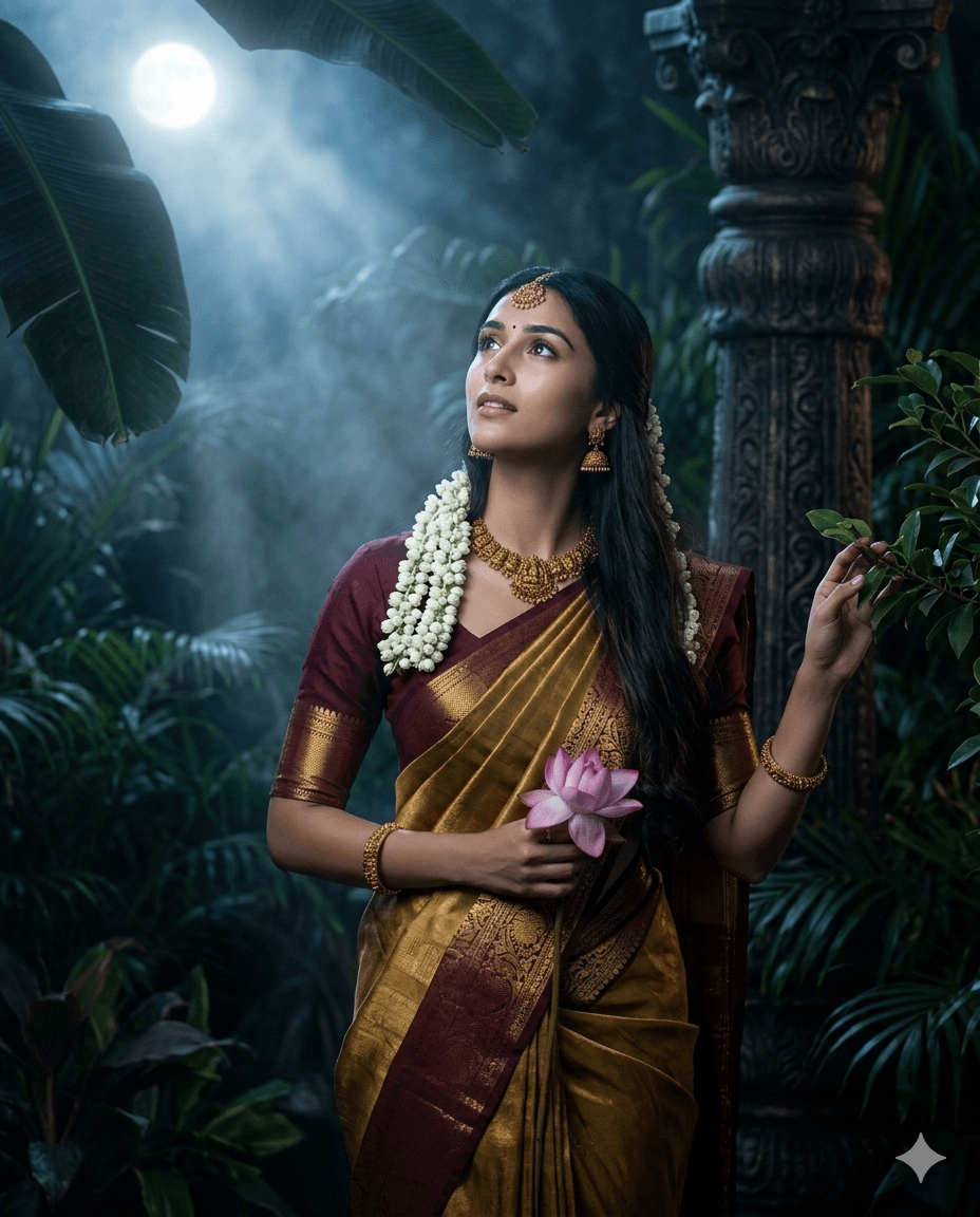 Result generated from Mystical Vedic Goddess Aesthetic Prompt - Traditional Indian Temple Jewelry & Moonlight Garden 8K