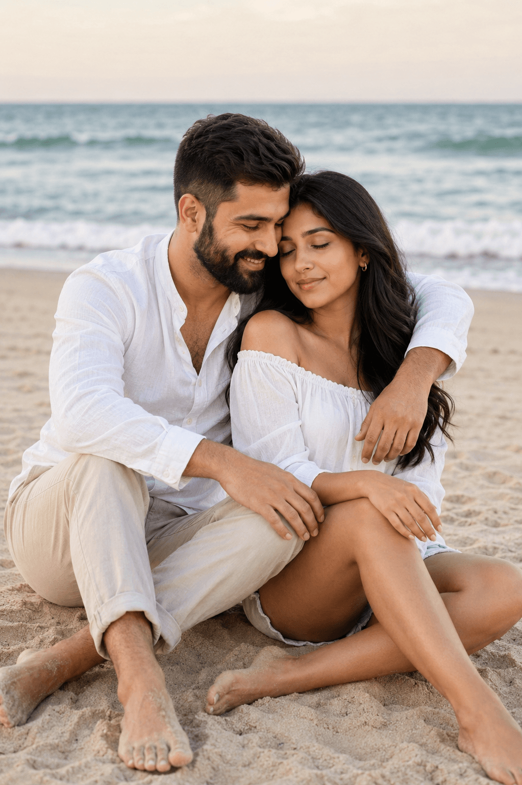 Result generated from Romantic Beach Couple Portrait Prompt | Cinematic Sunset Love Scene AI Photo Prompt