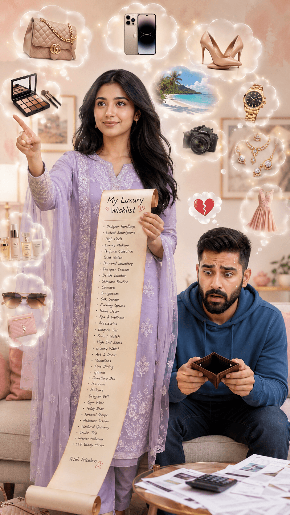 Result generated from Ultra Realistic South Asian Couple Luxury Wishlist vs Financial Stress Prompt | 8K Cinematic Lifestyle Photography