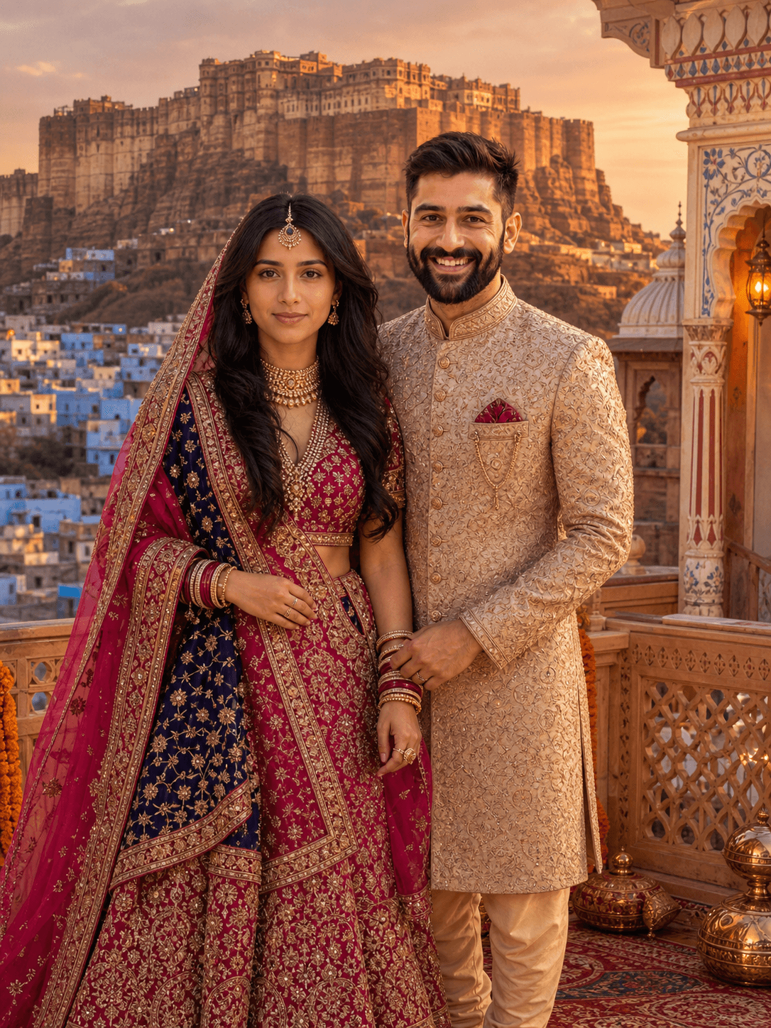 Result generated from Majestic Jodhpur Wedding AI Photo Prompt – Royal Rajasthani Bride & Groom, Mehrangarh Fort Background