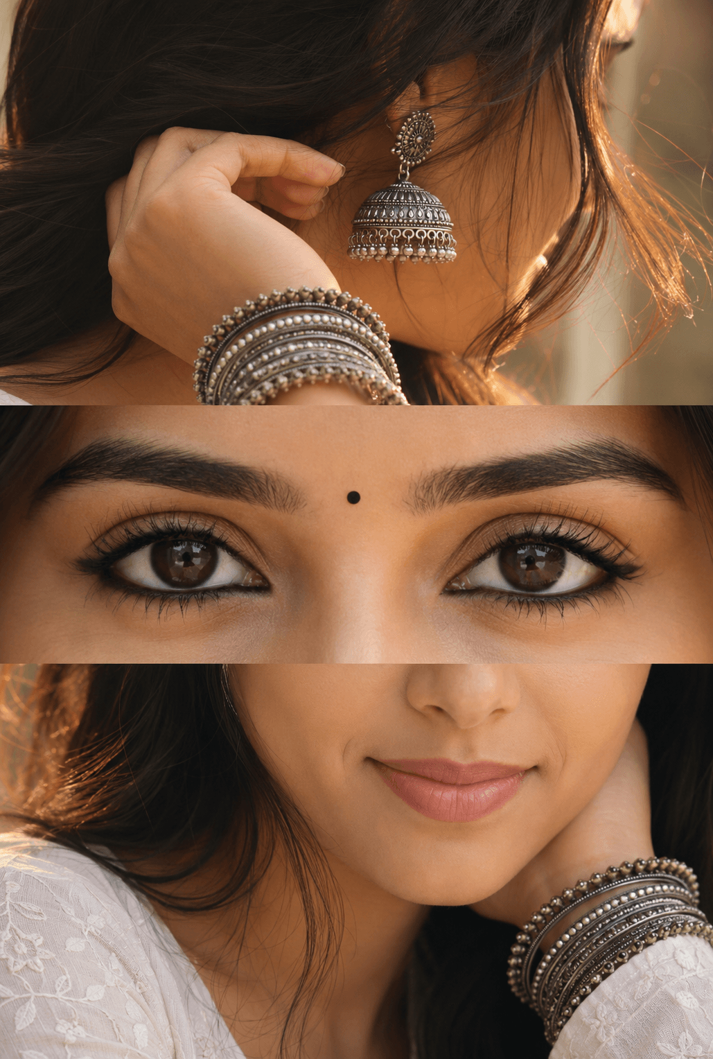 Result generated from Ultra Realistic 3-Panel Portrait Collage Prompt | Identity-Preserving AI Photo Prompt | DSLR Macro Eyes | Premium Indian Ethnic Jewelry Portrait