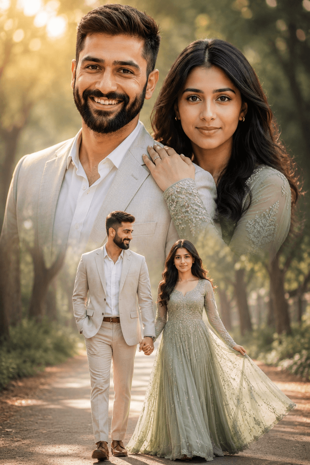 Result generated from Cinematic Indian Couple Pre-Wedding Shoot AI Prompt - Elegant Sage Green Gown Editorial Collage