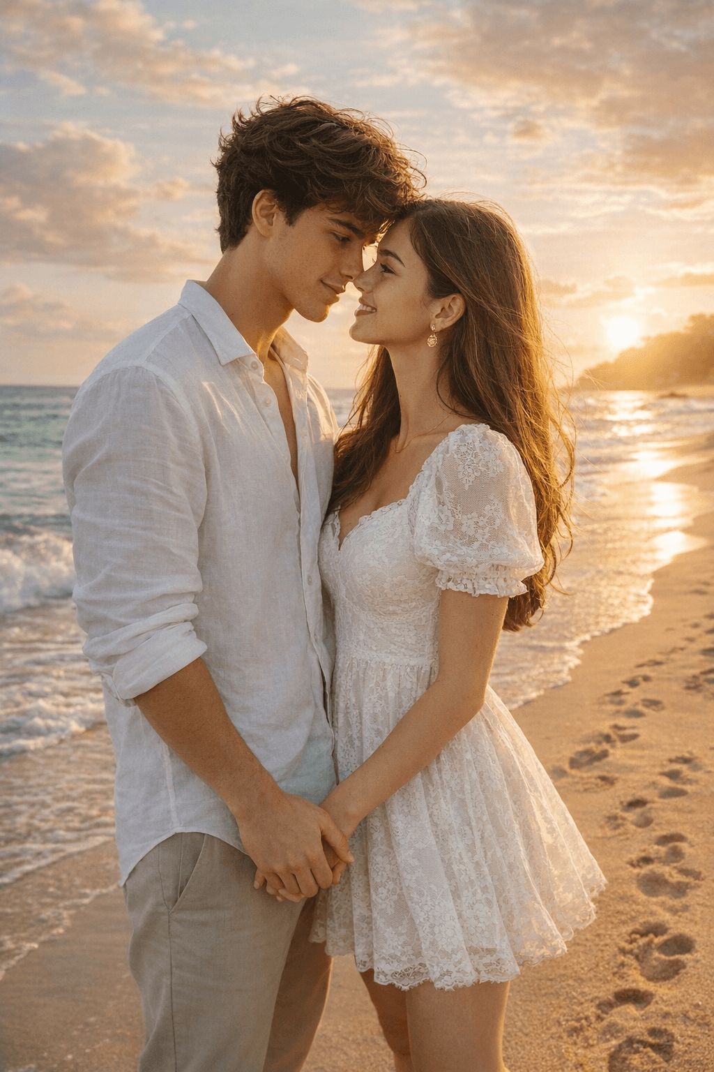 Result generated from Ultra Realistic Romantic Beach Couple Prompt – Golden Hour Pre Wedding Photoshoot AI Prompt (4K/8K HD)