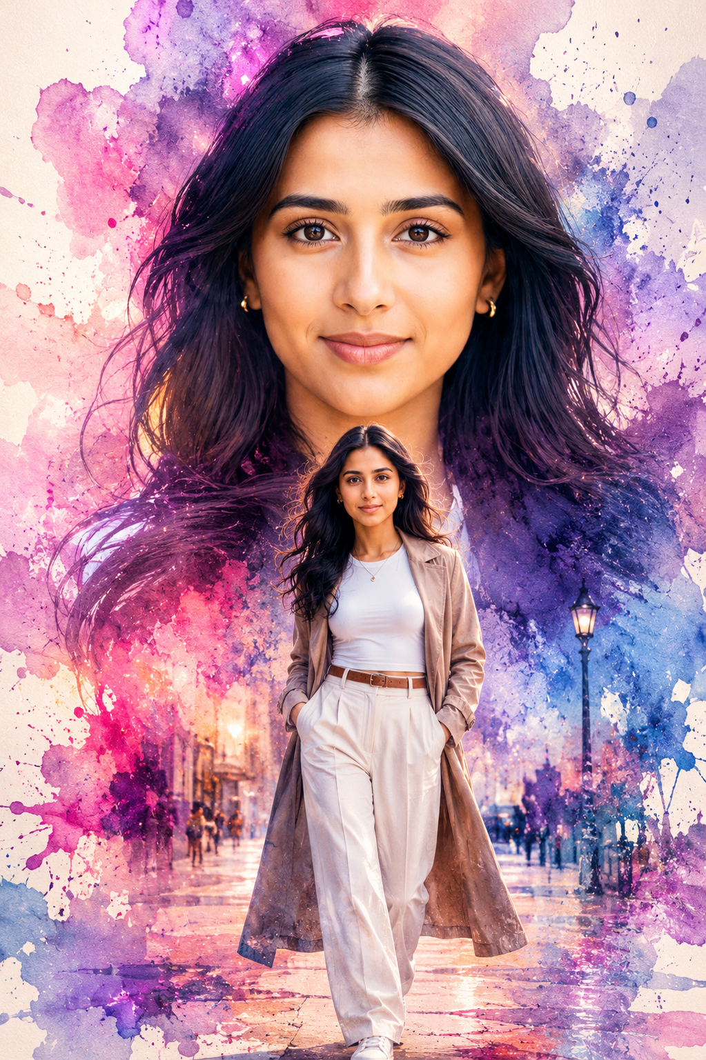Result generated from Luxury Fashion Editorial Double Exposure AI Art Prompt | 8K Watercolor Style
