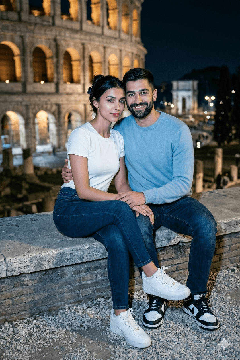 Result generated from Hyperrealistic Couple Portrait in Rome – Night Flash Photography – Consistent Character AI Prompt