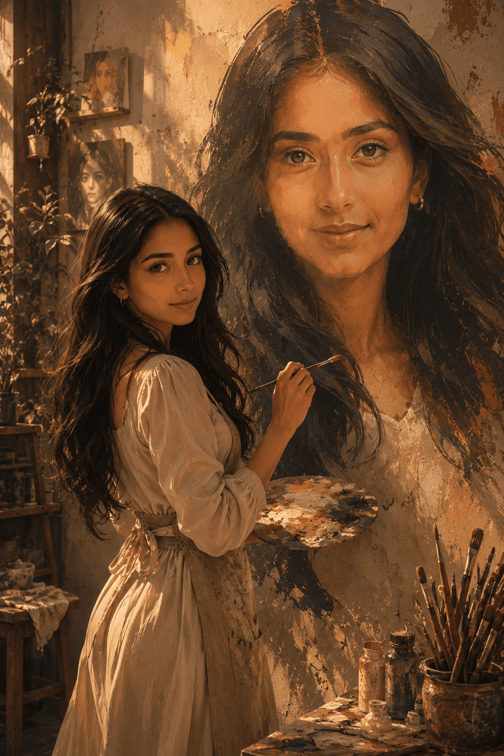 Result generated from Cinematic Anime Girl Painting Herself on Giant Wall Portrait | Dreamy Art Studio AI Prompt