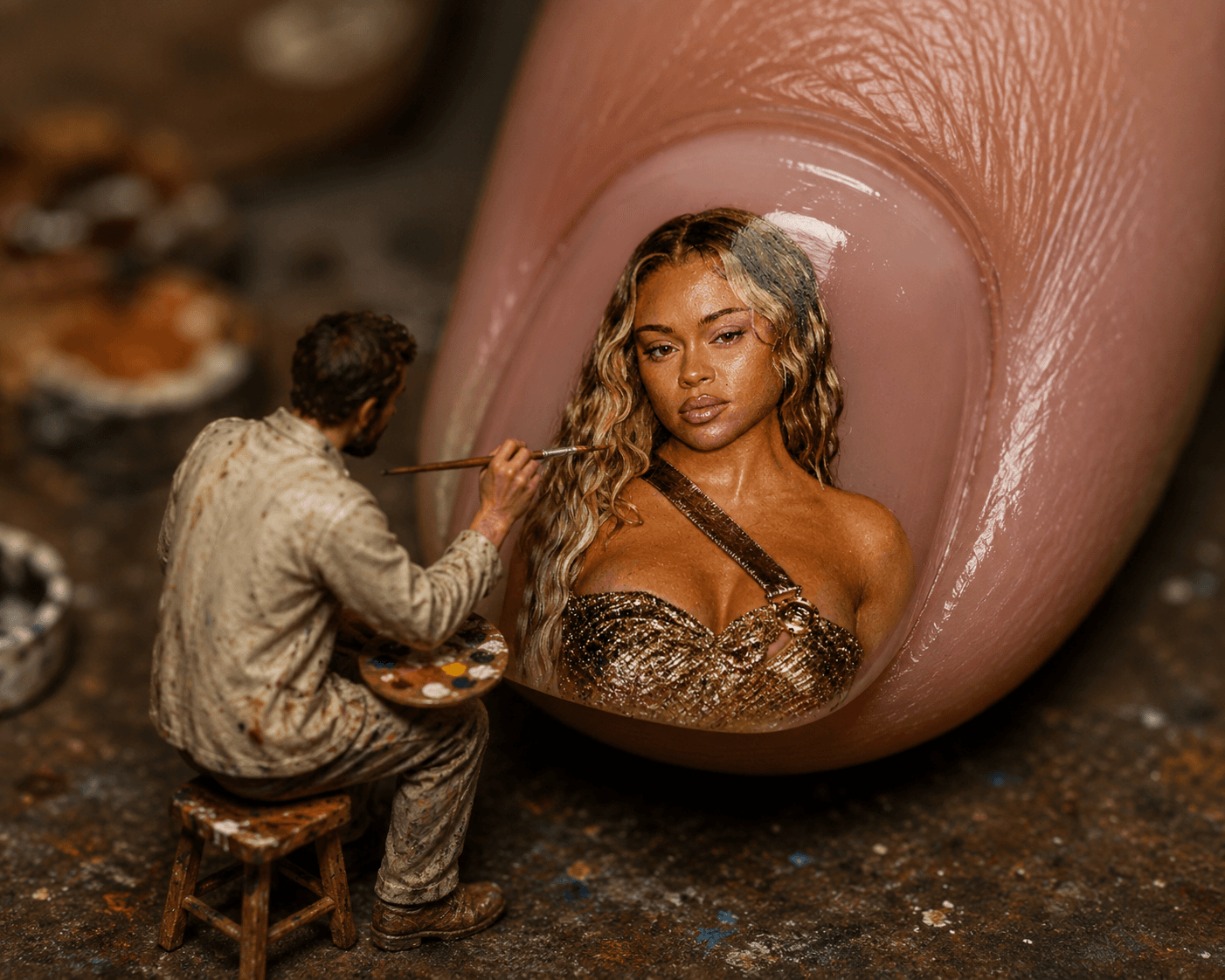 Result generated from Miniature Artist Painting on Fingernail AI Prompt | Hyper-Realistic Macro Nail Art Scene