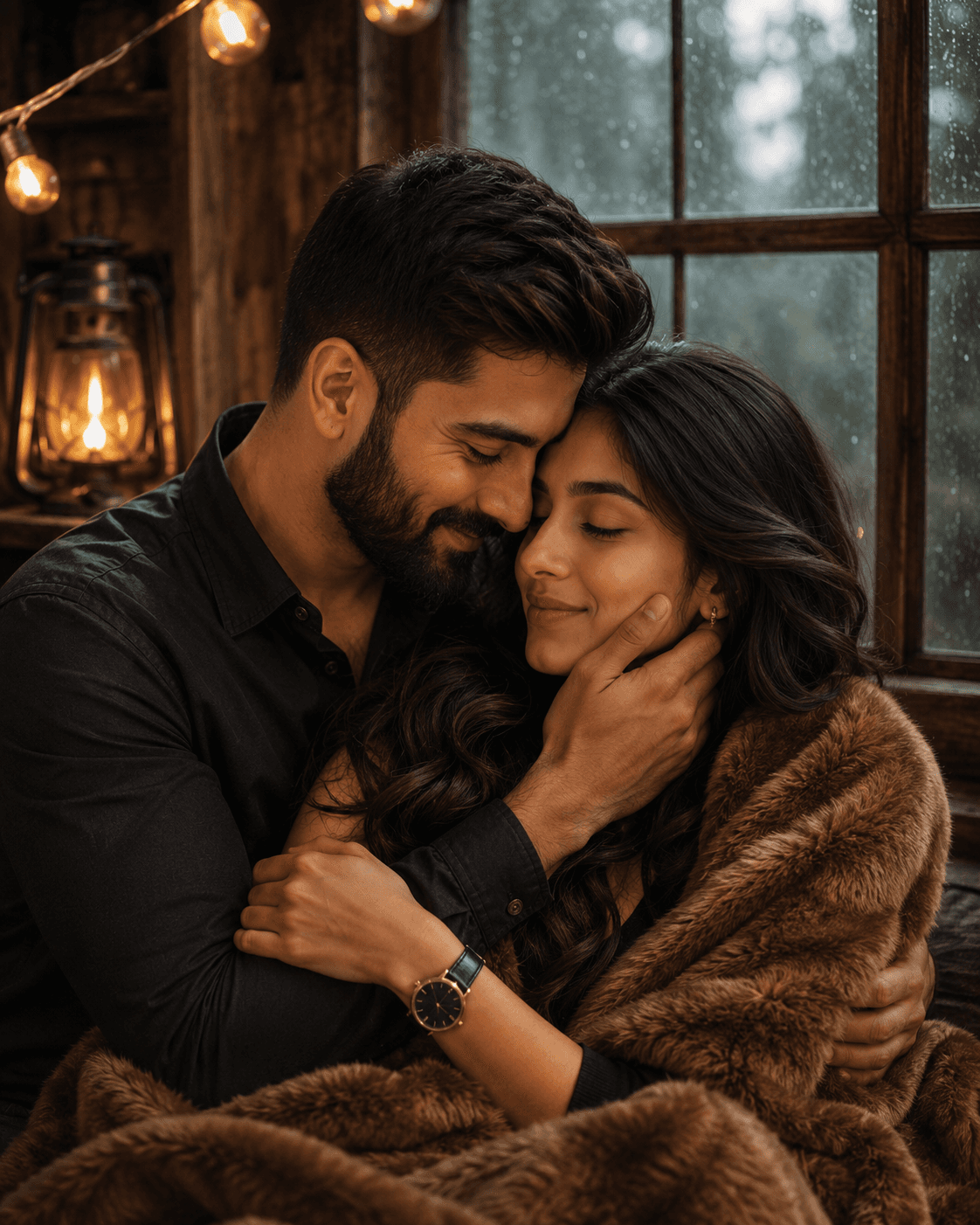 Result generated from Romantic Couple Cabin Rain Scene AI Prompt | Cinematic Cozy Love Portrait Photography