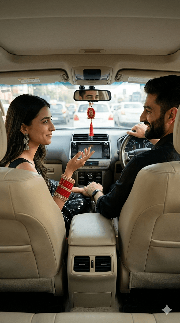 Result generated from Indian Wedding Couple in Luxury SUV – Hyper-Realistic Cinematic AI Stock Photo Prompt