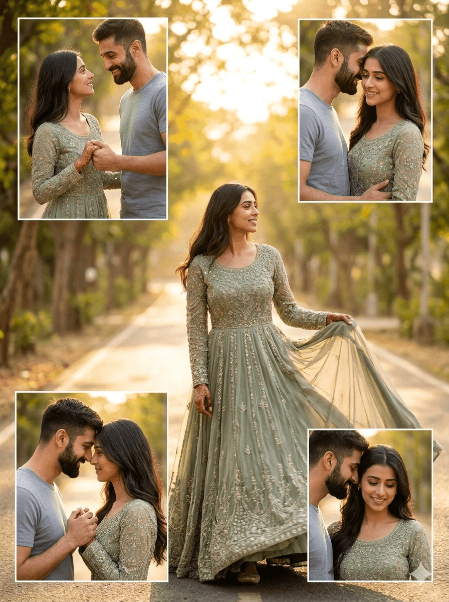 Result generated from Romantic Indian Pre-Wedding Couple Poster Collage Prompt | Luxury Editorial Wedding Photography AI Prompt | Midjourney Stable Diffusion