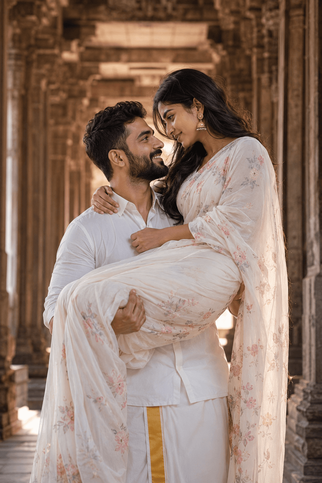 Result generated from Ultra Realistic Romantic Indian Couple Prompt in Ancient Temple | Cinematic South Indian Wedding Portrait AI Prompt
