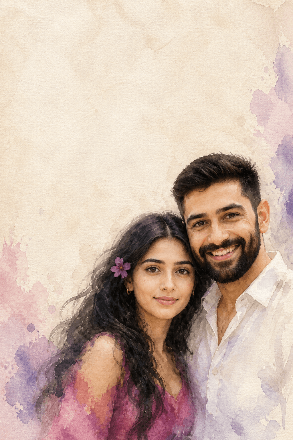 Result generated from Romantic Watercolor Couple Portrait Prompt | Dreamy Impressionist Love Painting AI Art Prompt