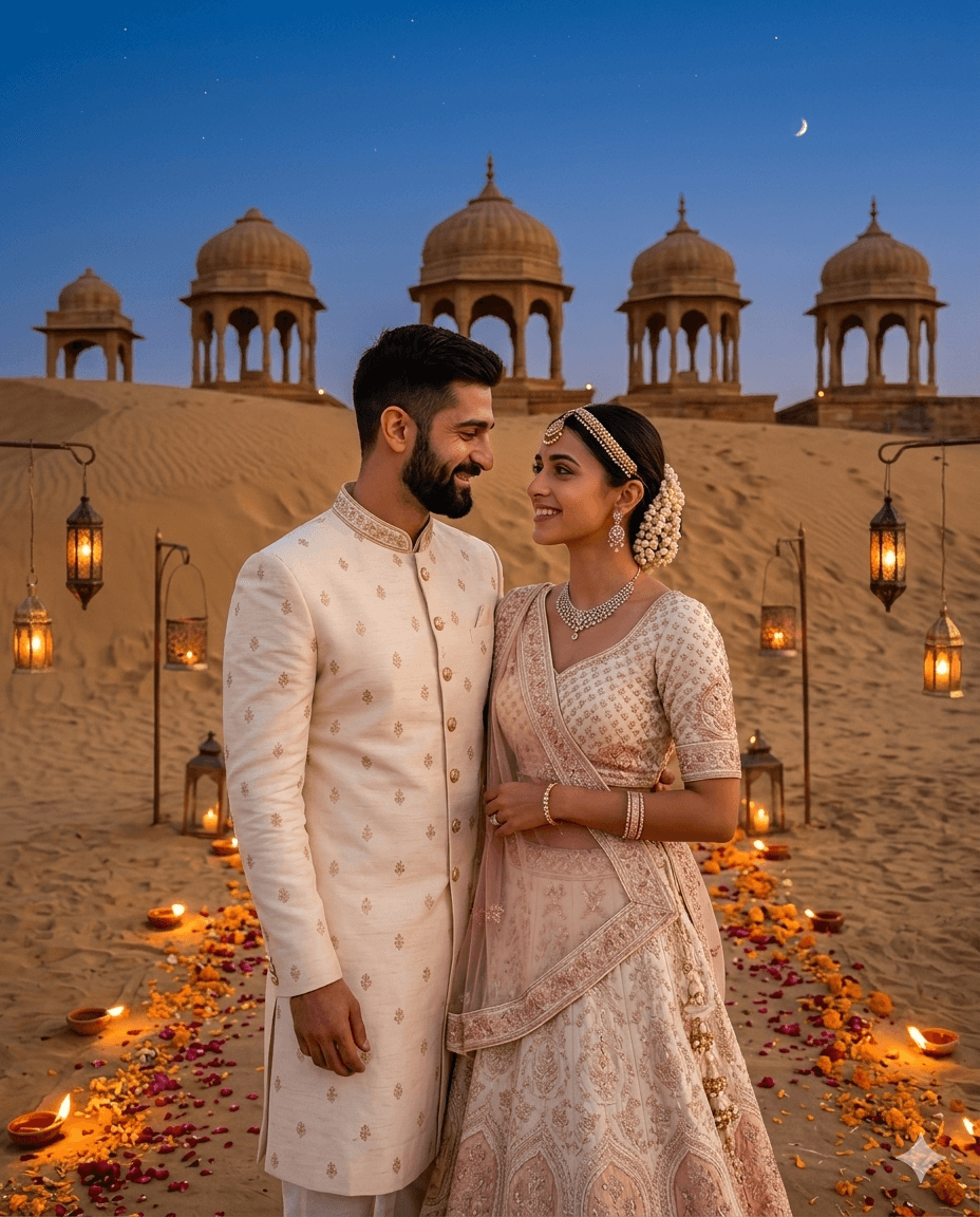 Result generated from Rajasthan Desert Wedding AI Image Prompt | Romantic Twilight Thar Desert Couple Portrait | 4:5 Intimate Bridal Photography Style