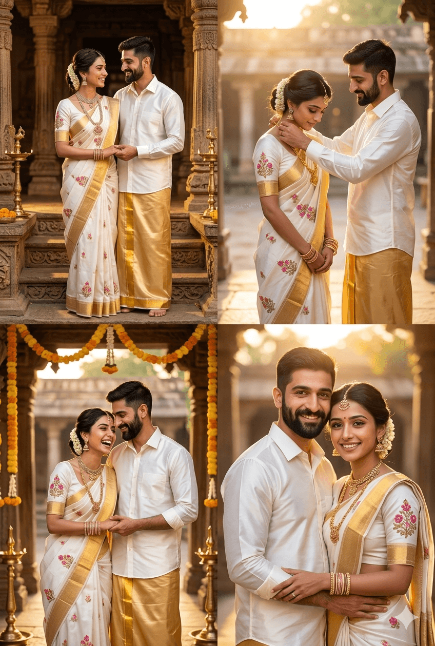 Result generated from Realistic South Indian Couple Wedding AI Prompt - Golden Hour Temple