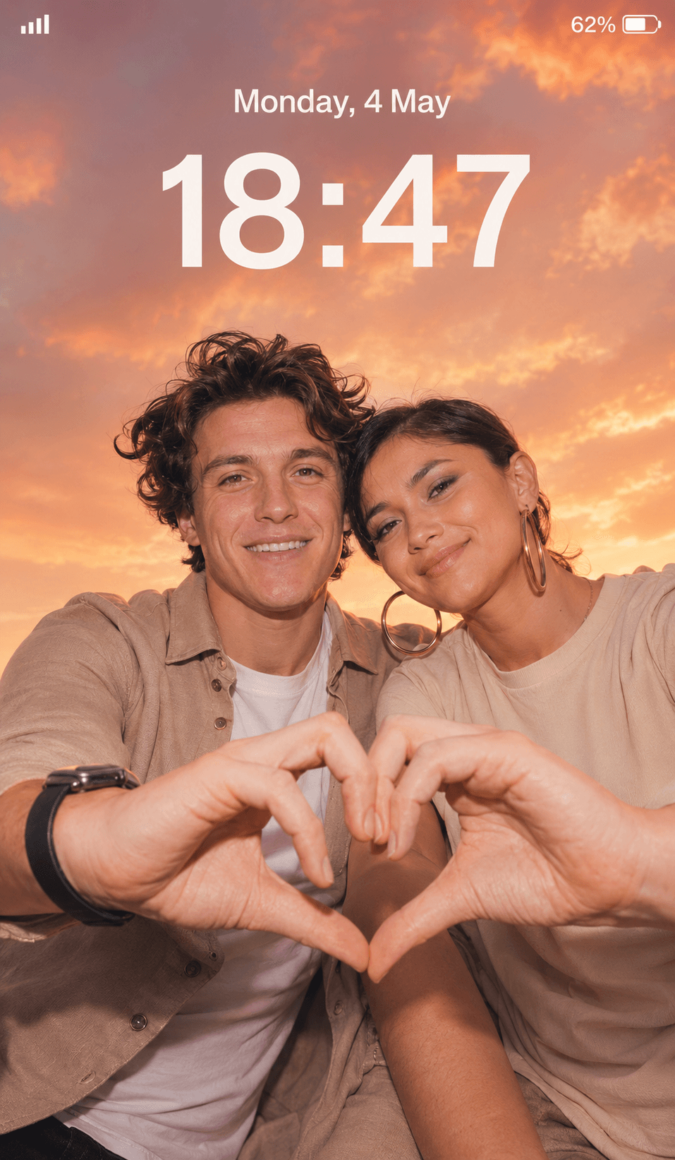 Result generated from Ultra Realistic Couple Heart Hands Sunset Lockscreen Prompt | Identity Preserved Romantic Selfie Photo