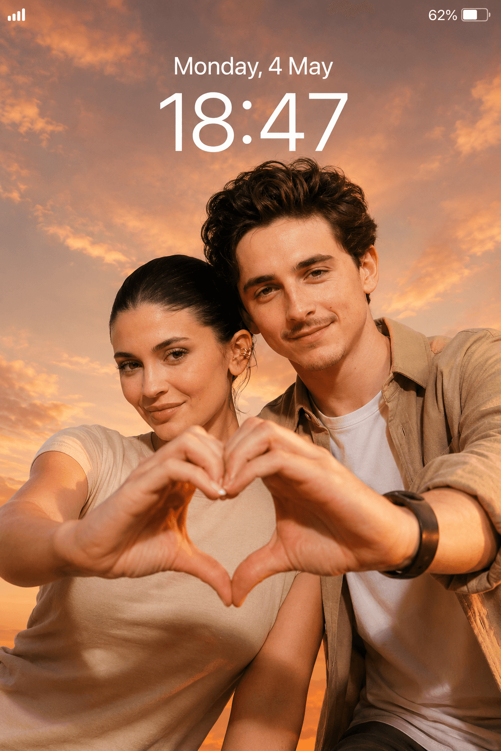 Result generated from Ultra Realistic Couple Heart Hands Sunset Selfie Lock Screen Prompt | AI Photo Generator