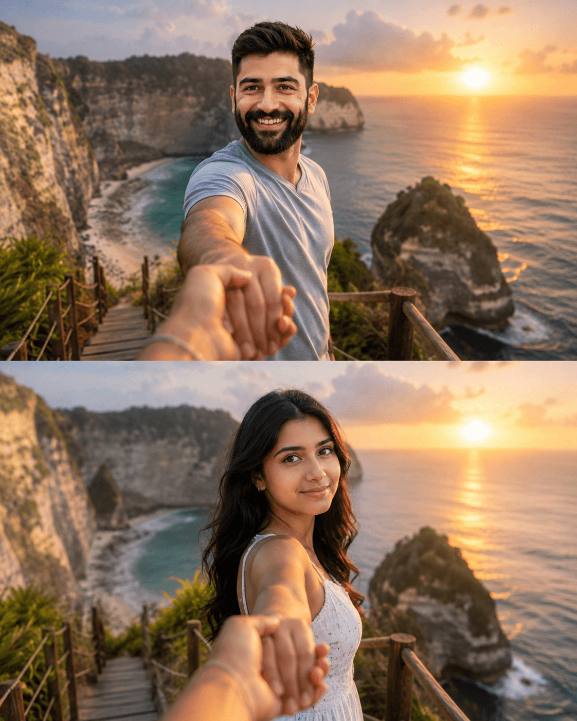 Result generated from Follow Me Bali Couple Travel Prompt | Ultra-Realistic Romantic Beach Sunset Diptych AI Photo