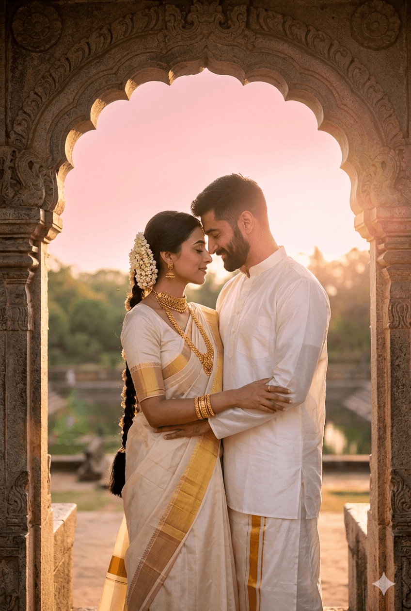 Result generated from Authentic South Indian Wedding Couple Portrait - Kerala Silk Saree & Veshti - Cinematic Golden Hour AI Prompt