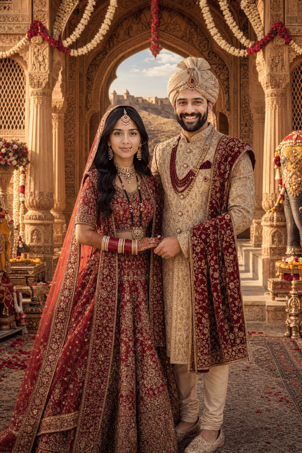 Result generated from Royal Rajasthani Wedding Portrait at Fort Gateway | Regal Bride & Groom in Traditional Attire