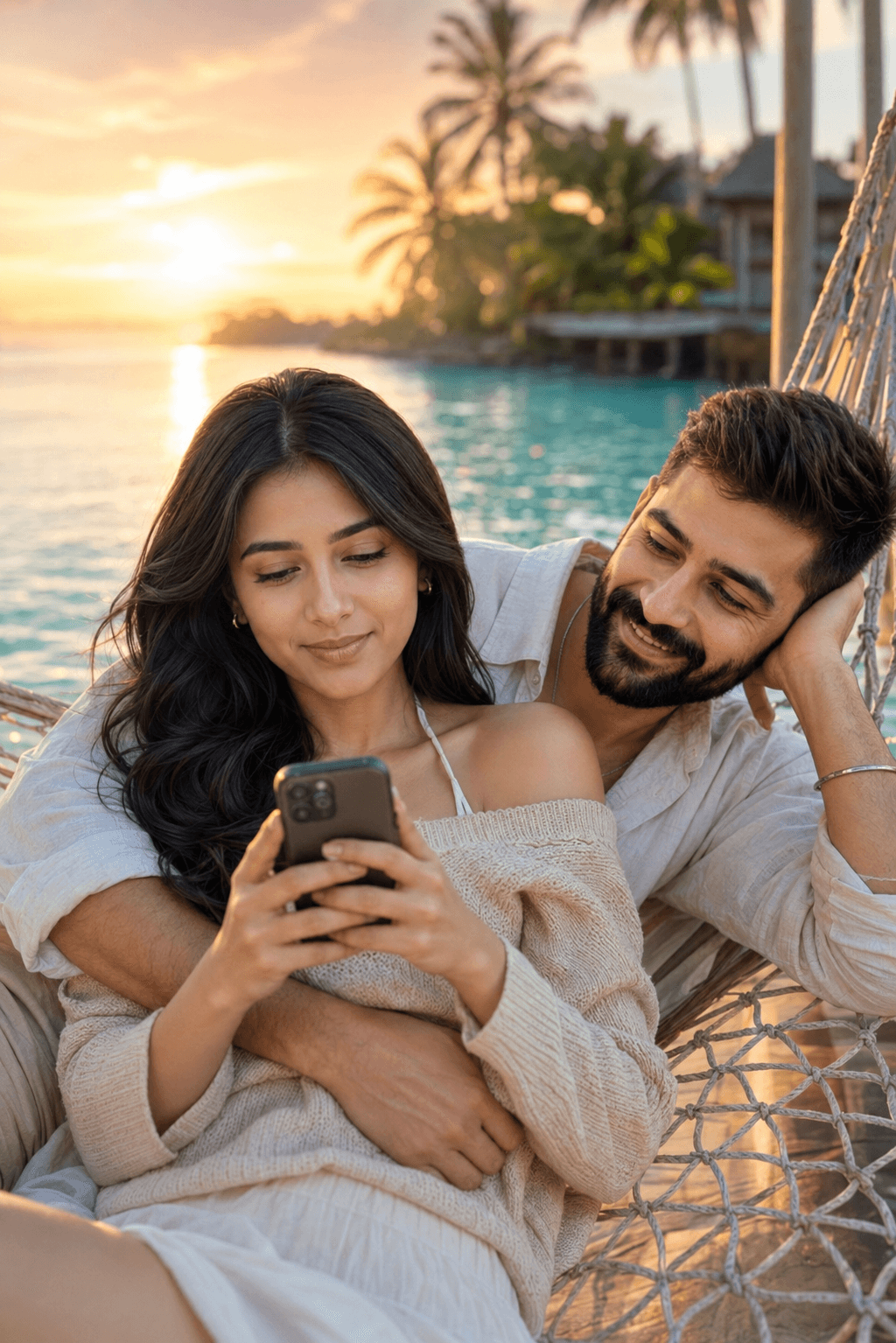 Result generated from Ultra Realistic Tropical Couple Portrait Prompt | Cinematic Romantic Lagoon Scene AI Photo Prompt