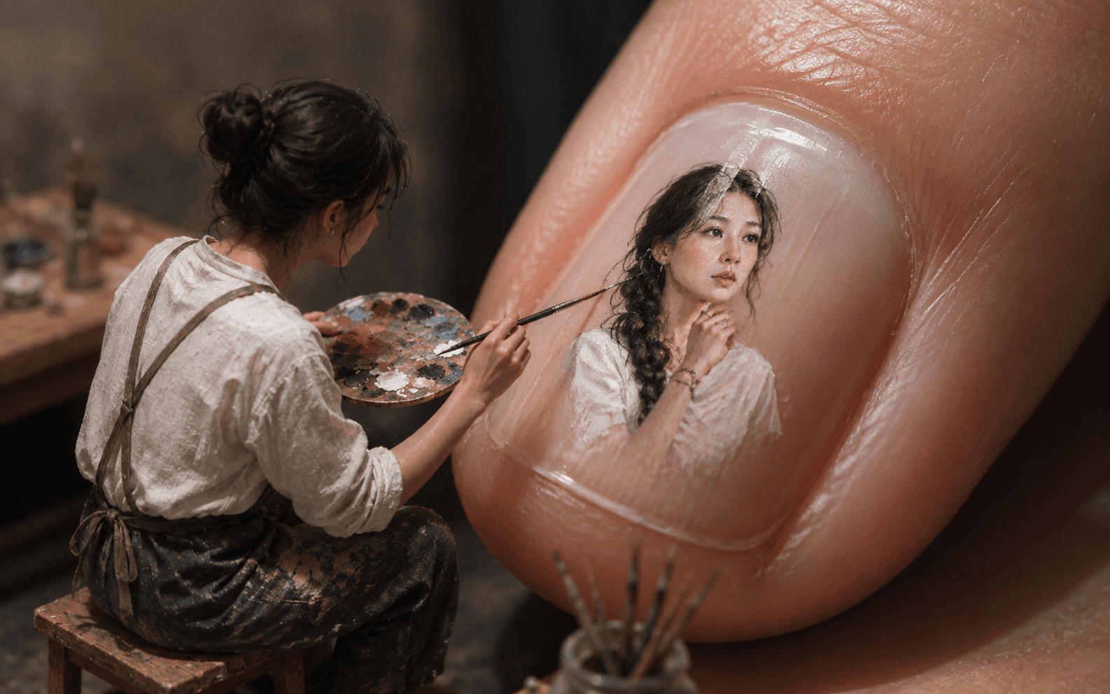 Result generated from Miniature Artist Painting on Fingernail AI Prompt | Hyper-Realistic Macro Art Prompt