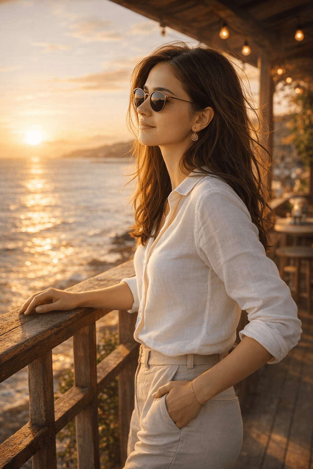 Result generated from Cinematic Seaside Sunset Portrait AI Prompt | Ultra Realistic Face Match & Golden Hour Balcony Scene