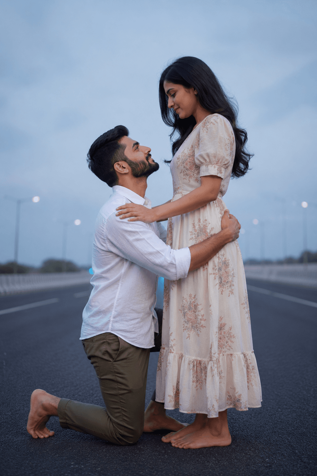 Result generated from Hyperrealistic Indian Couple Proposal Portrait on Highway at Blue Hour | Romantic Outdoor Photography