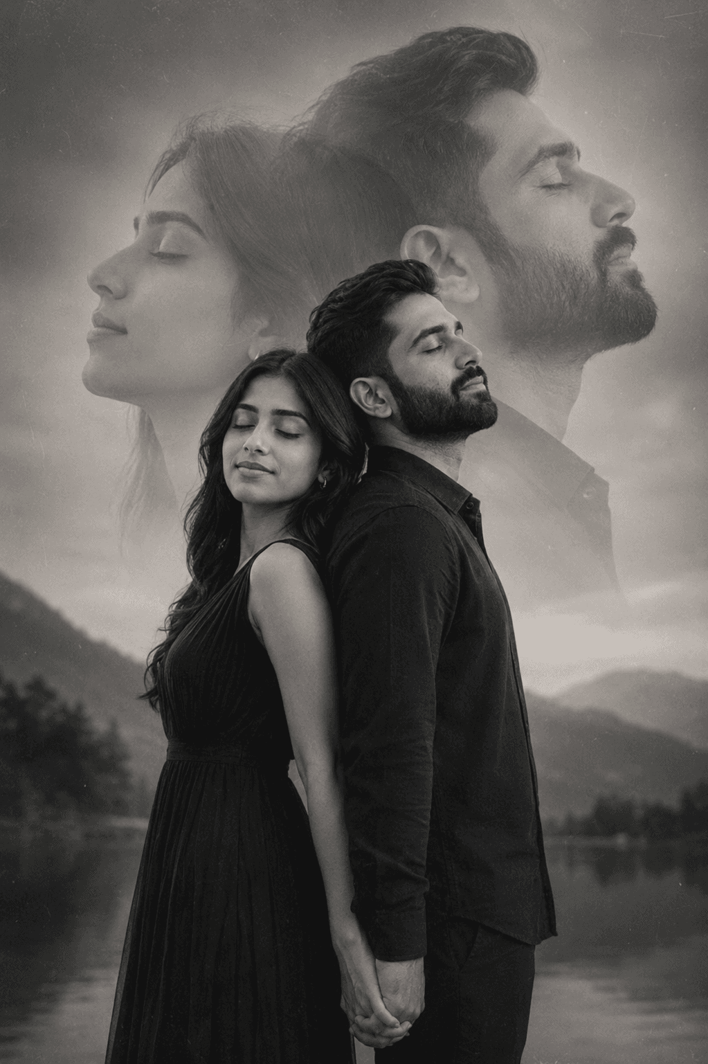 Result generated from Black & White Double Exposure Couple Portrait Prompt | Cinematic Vintage Love Art Generator