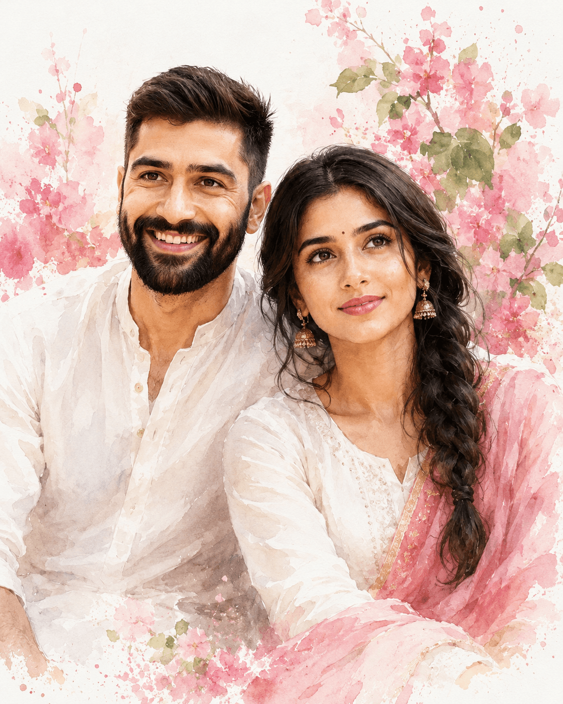 Result generated from Watercolor Indian Couple Portrait Prompt | Romantic Floral AI Art Prompt for Midjourney & DALL·E