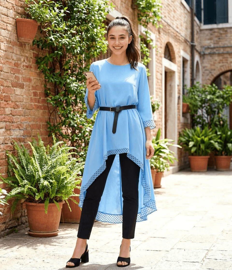 Result generated from Modern Summer Fashion AI Art: Blue Polka Dot Tunic, Black Trousers, and Block Heels