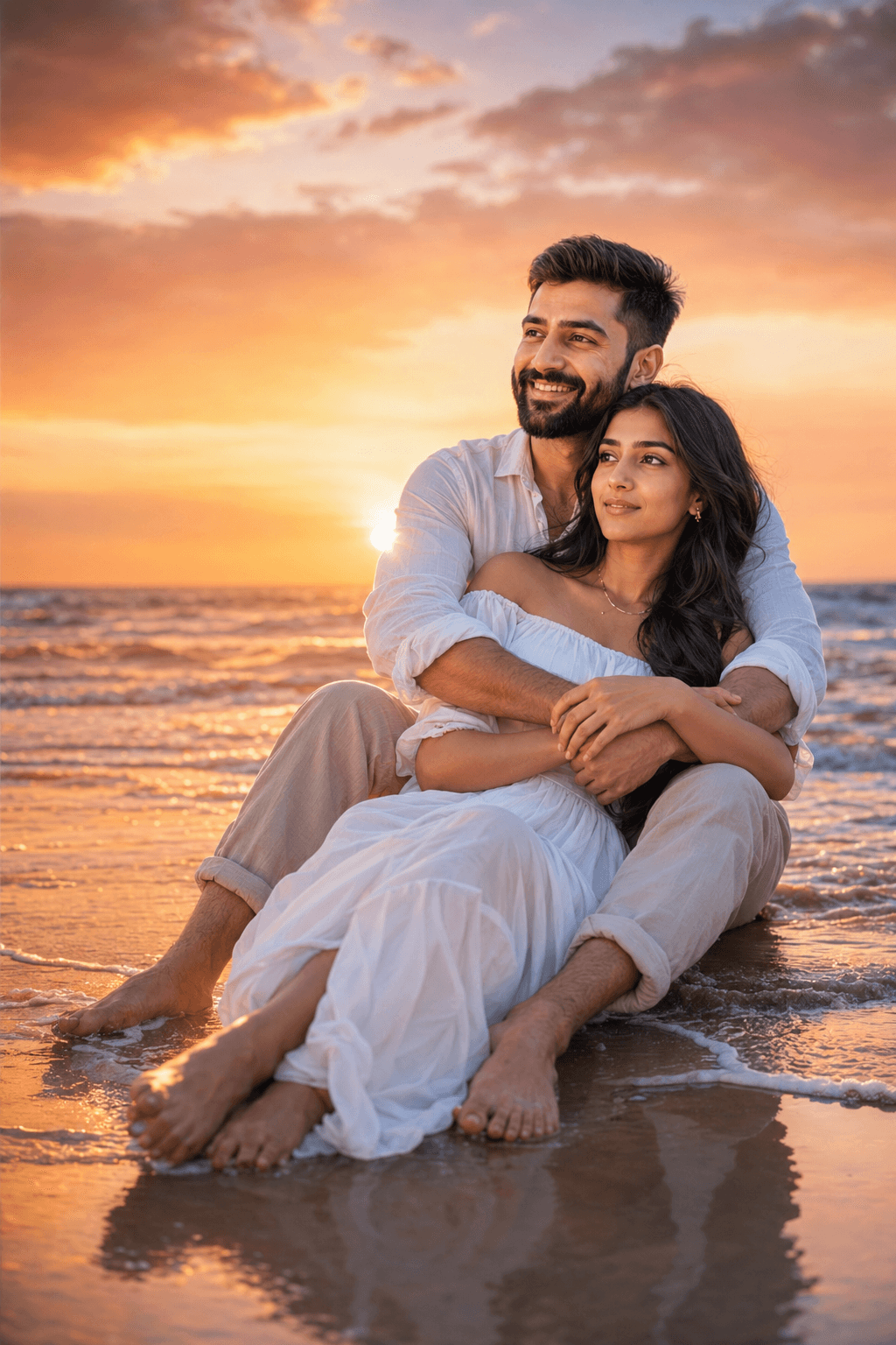 Result generated from Romantic Indian Couple Pre-Wedding Beach Photoshoot Prompt | Cinematic Sunset 8K AI Image Generator