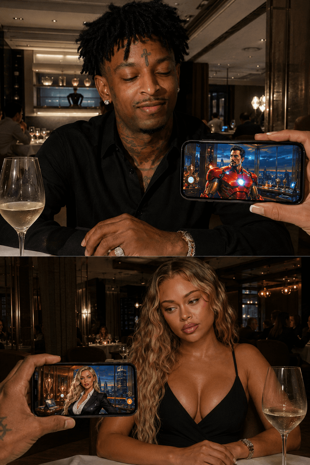 Result generated from Ultra Realistic Luxury Restaurant Couple Collage Prompt | Celebrity Reference iPhone Photography AI Prompt