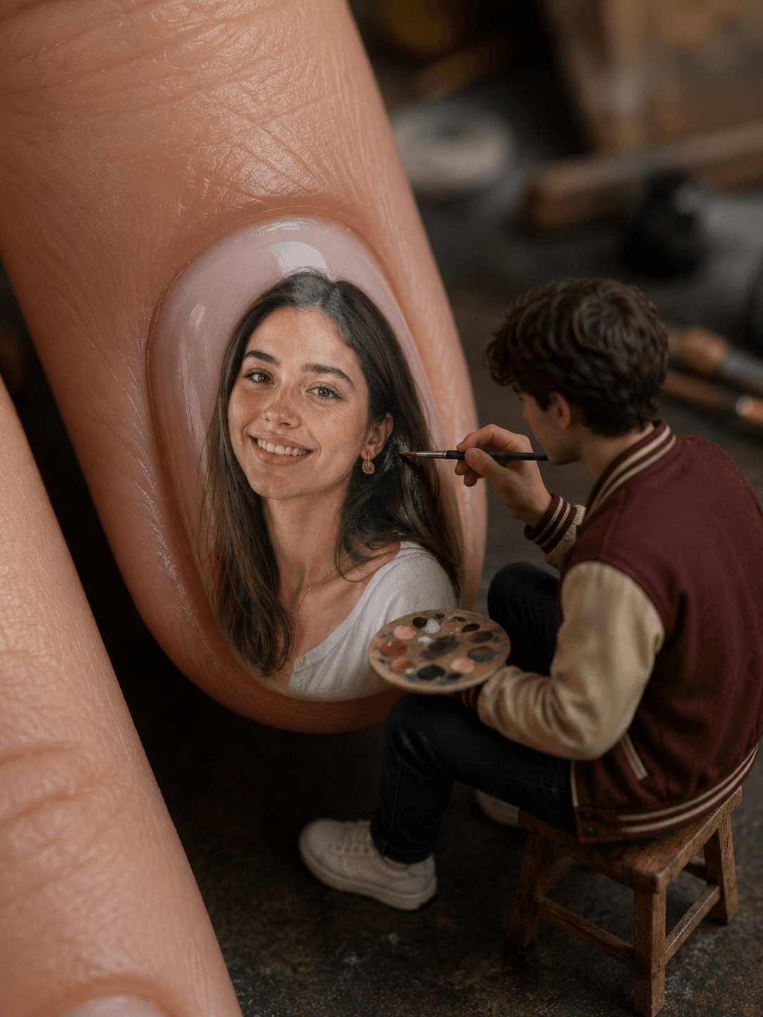 Result generated from Tiny Artist Painting on Fingernail AI Prompt | Hyper-Realistic Miniature Painter Portrait Prompt