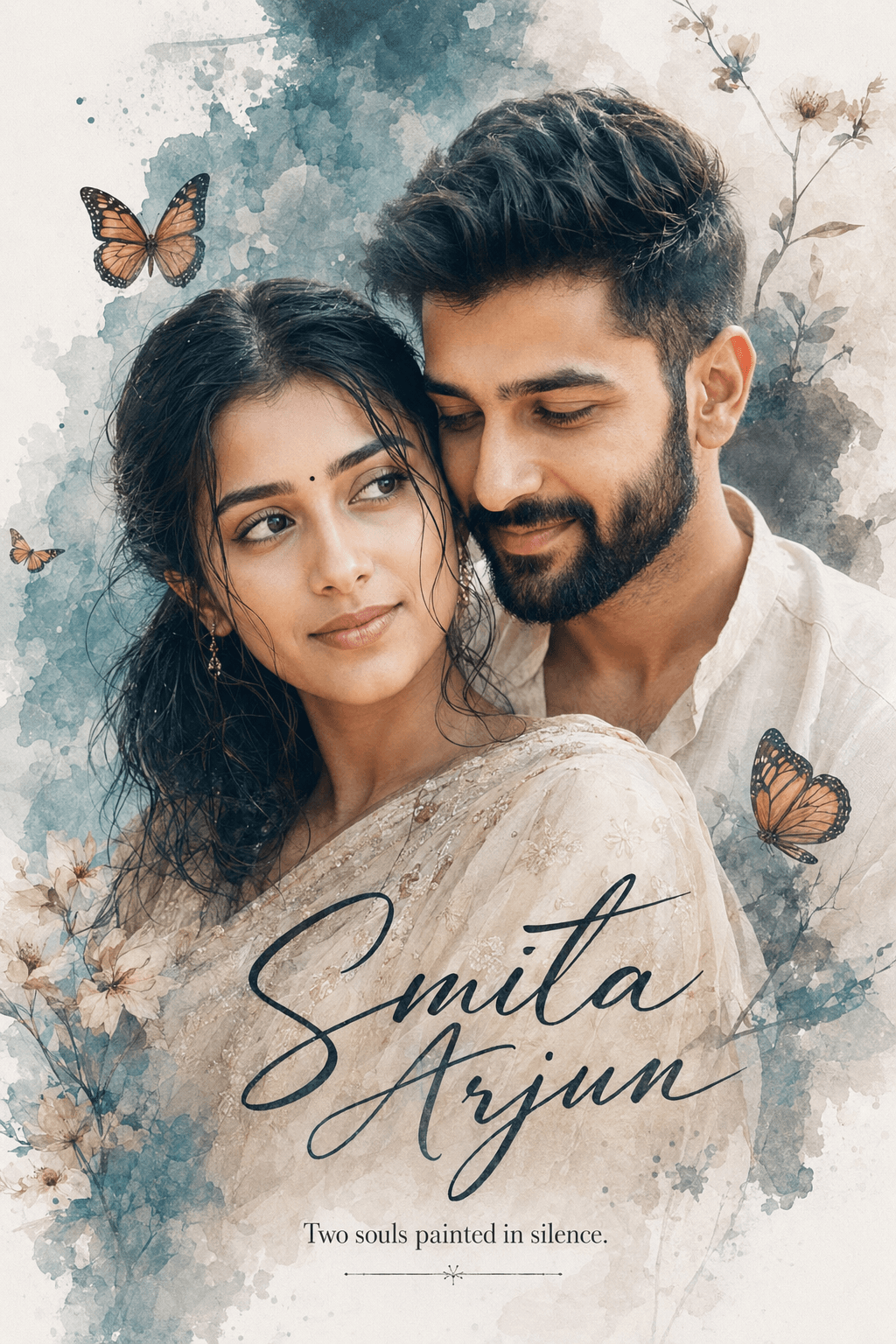 Result generated from Ultra Aesthetic Romantic South Indian Couple Portrait Prompt | Cinematic Watercolor Double Exposure Book Cover AI Prompt