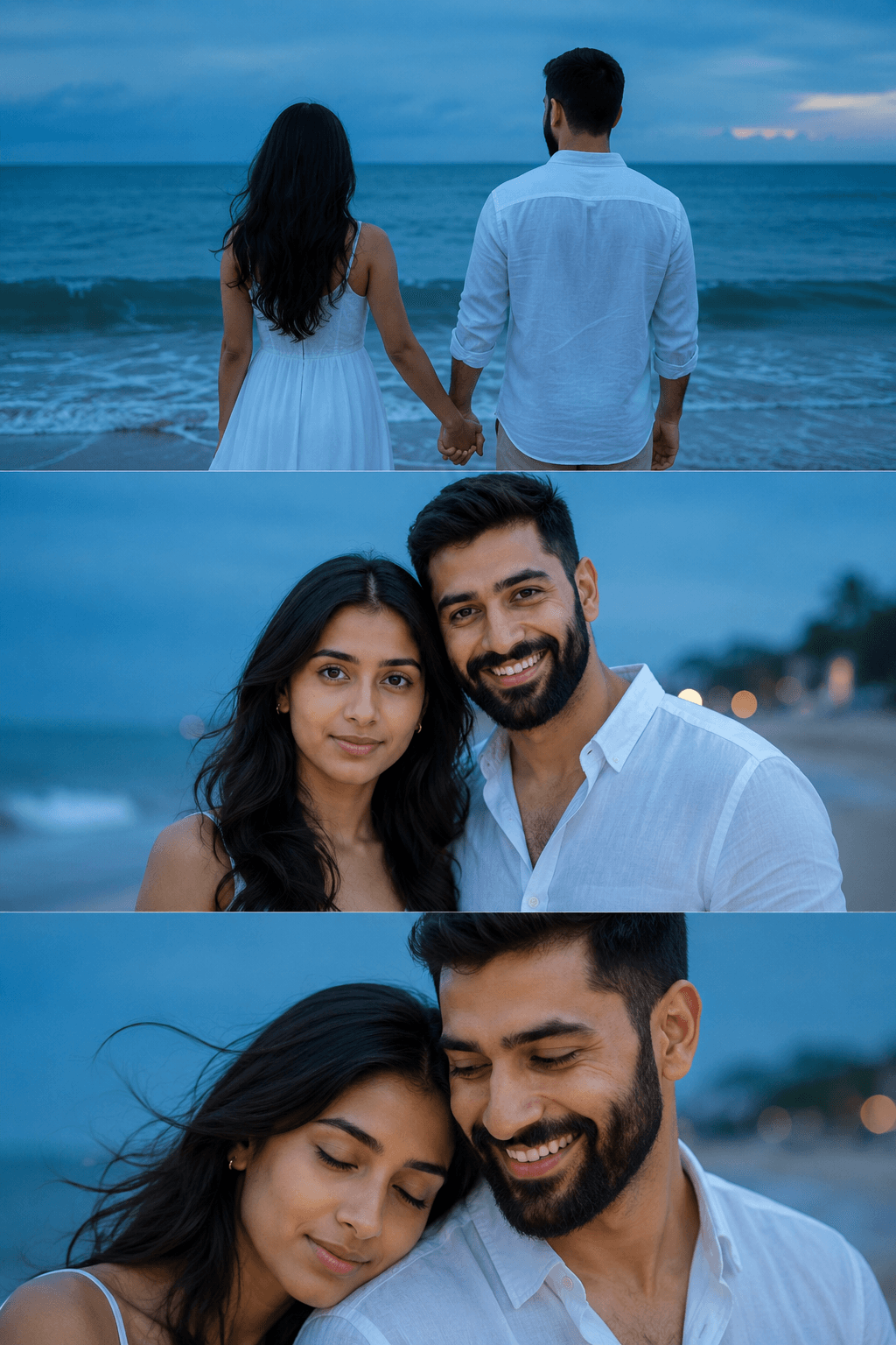 Result generated from Cinematic Beach Couple Storyboard Prompt | Ultra Realistic 3-Panel Film Strip AI Prompt with Consistent Faces