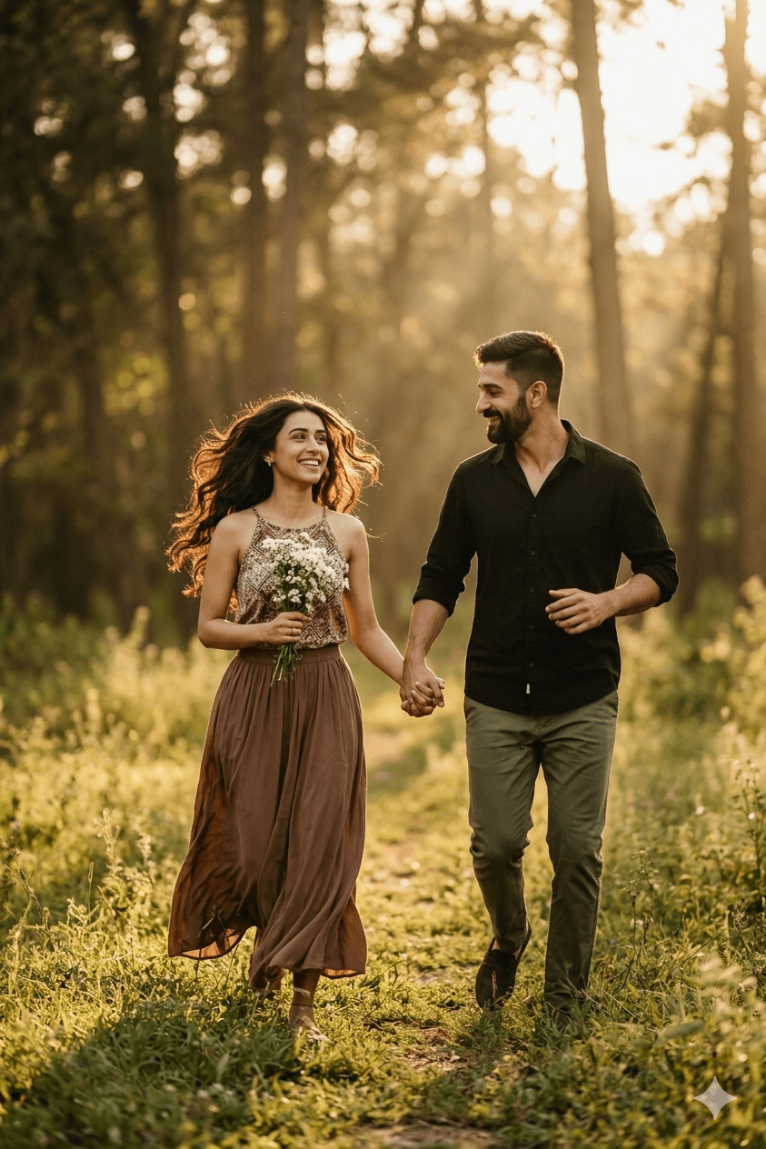 Result generated from Romantic Couple Running Through Sunlit Meadow at Golden Hour | Cinematic Photography