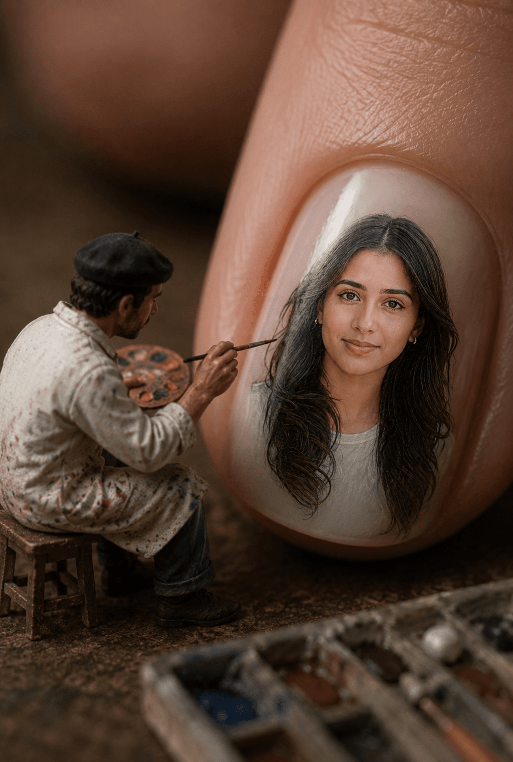 Result generated from Tiny Artist Painting on Fingernail Prompt | Hyper-Realistic Miniature AI Art Prompt for ChatGPT, Midjourney & Flux