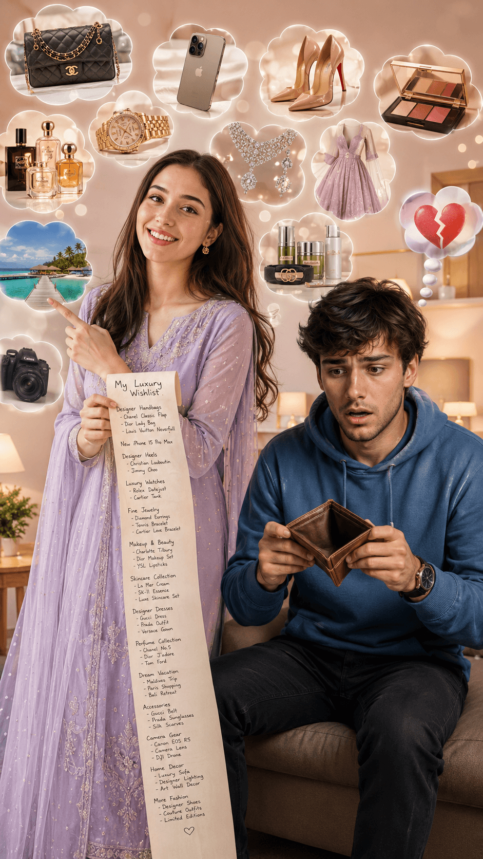 Result generated from Ultra Realistic South Asian Couple Luxury Wishlist Scene AI Image Prompt | Financial Stress vs Shopping Dreams | 8K Photorealistic Lifestyle