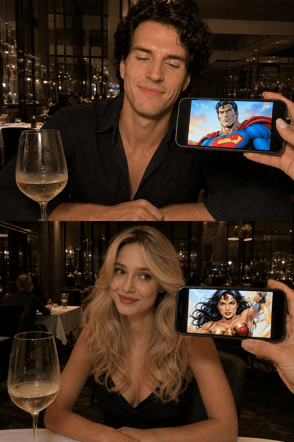 Result generated from Ultra Realistic Luxury Restaurant Couple Photo Prompt | Consistent Identity from 2 Reference Images | iPhone Cinematic Collage