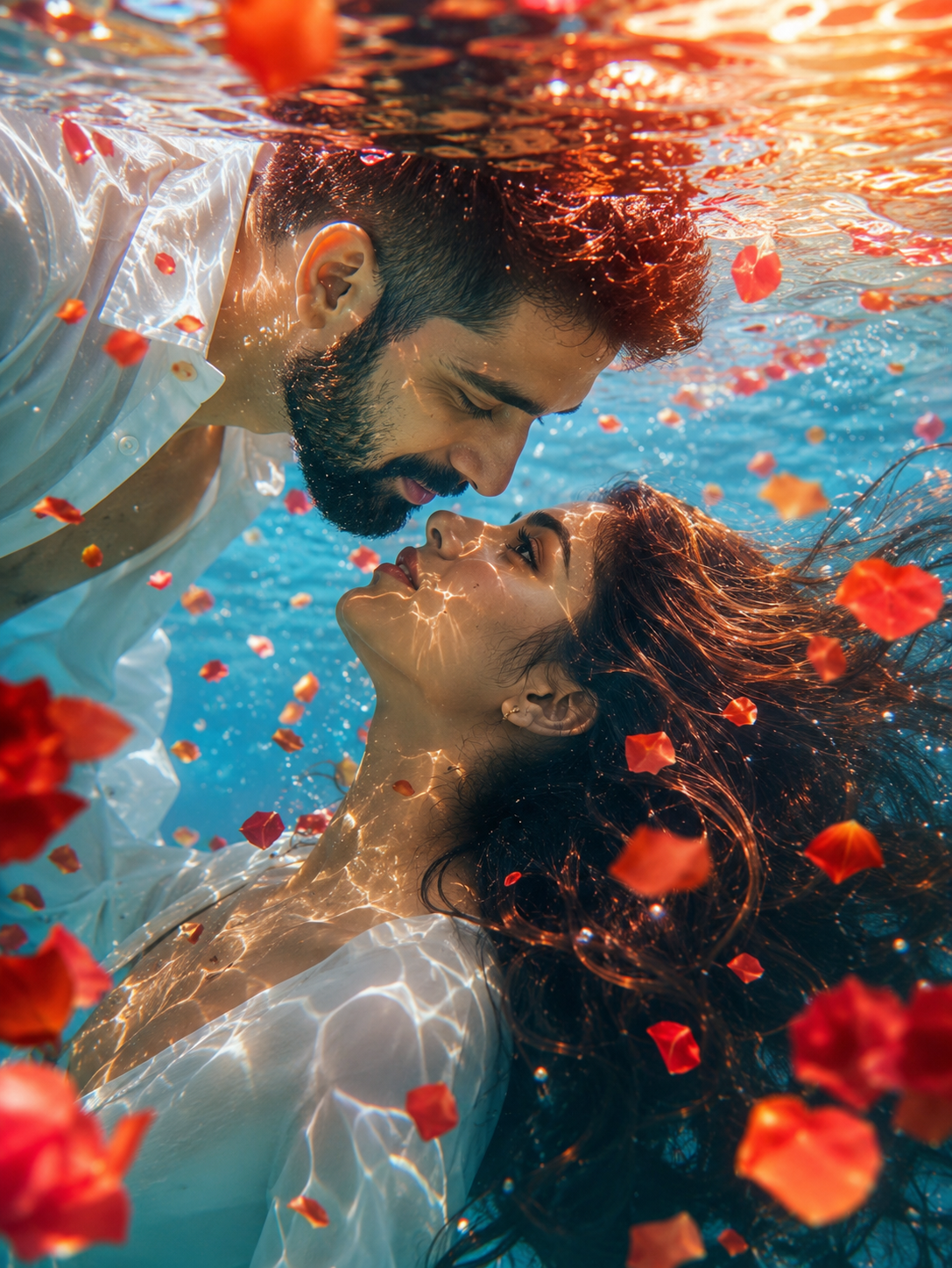 Result generated from Ultra Realistic Underwater Couple Near Kiss AI Prompt | Romantic Cinematic Portrait Generator