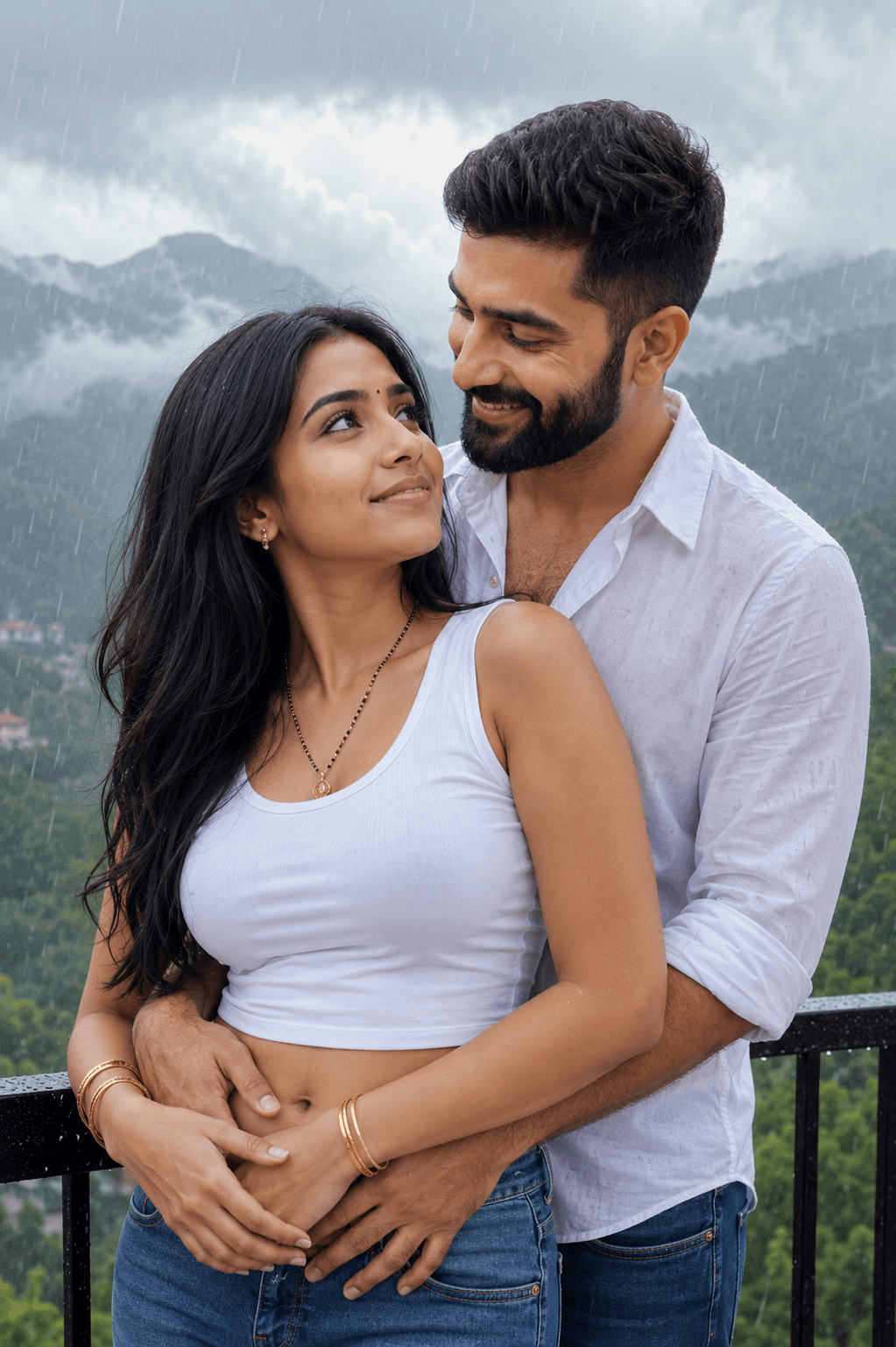 Result generated from Romantic Indian Couple Rain Photoshoot Prompt | Mountain View Balcony AI Portrait