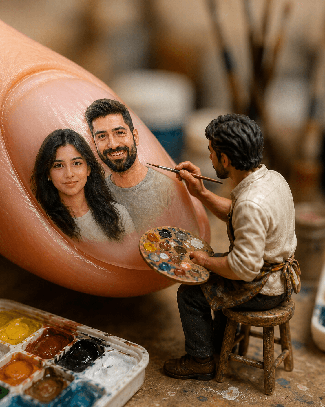 Result generated from Tiny Artist Painting Couple on Fingernail AI Prompt | Hyper-Realistic Miniature Nail Art Prompt