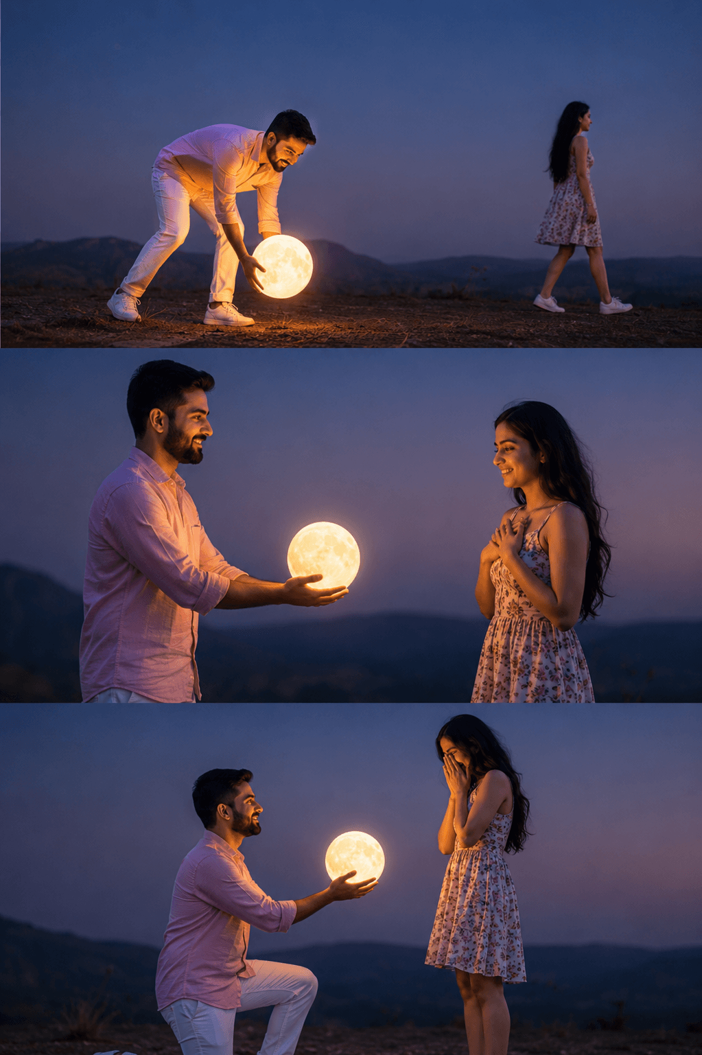 Result generated from Romantic Moon Gift Couple Prompt | Cinematic 3 Panel AI Photo Prompt