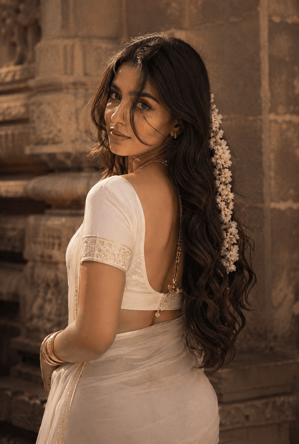Result generated from South Indian Saree Girl AI Prompt | Long Wavy Hair, Gajra & Cinematic Temple Portrait