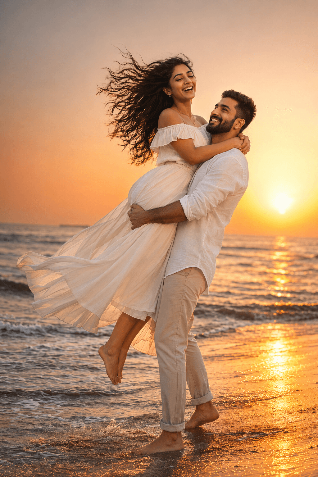 Result generated from Romantic Indian Couple Beach Pre-Wedding Photoshoot Prompt | Cinematic Sunset Wedding Photography