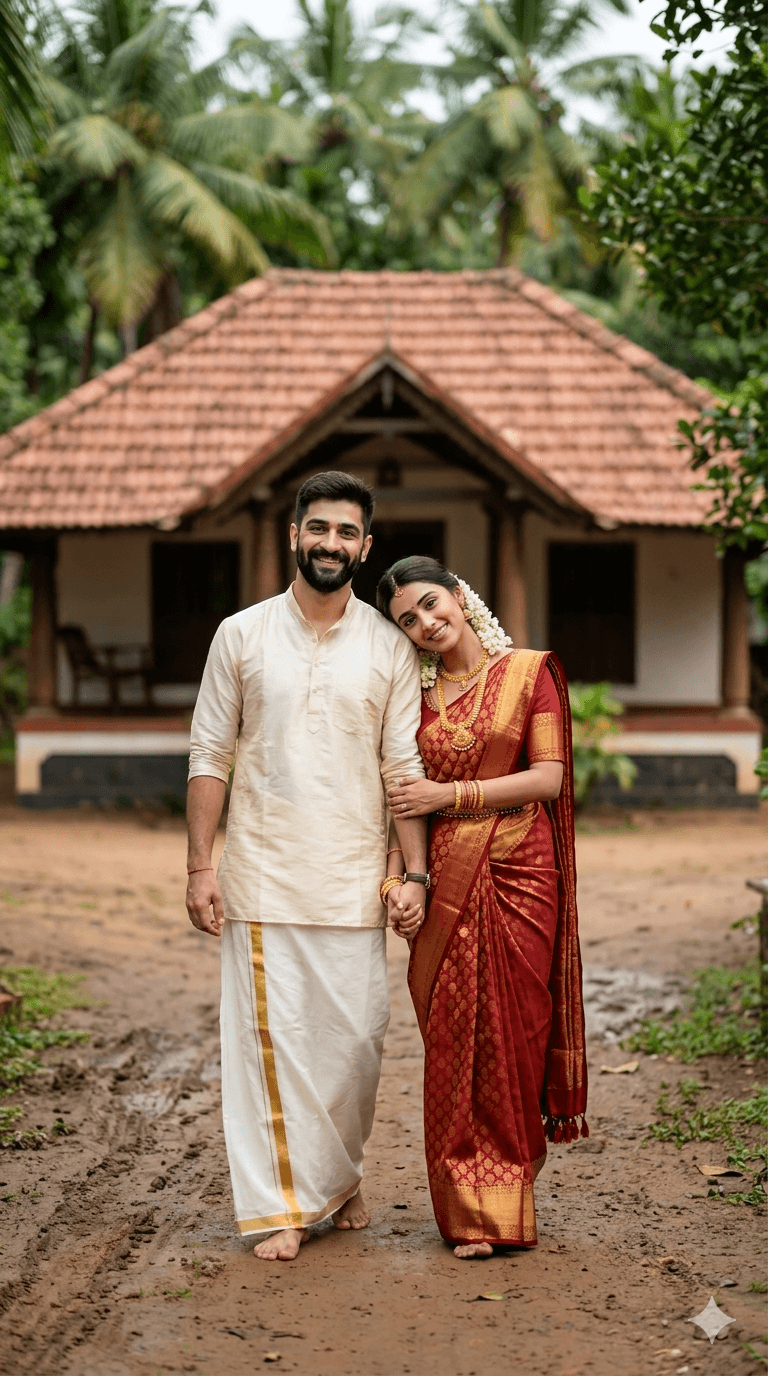 Result generated from Cinematic Kerala Wedding AI Prompt - Romantic South Indian Couple Portrait