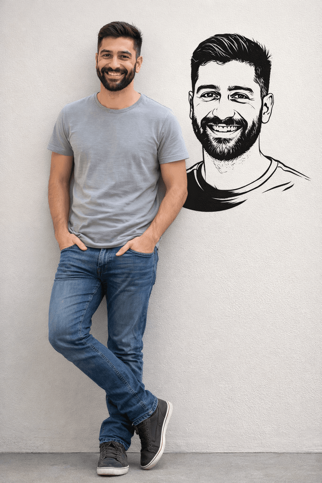 Result generated from AI Photo Prompt: Casual Man Leaning Against Wall with Matching Vector Portrait (Ultra Realistic)